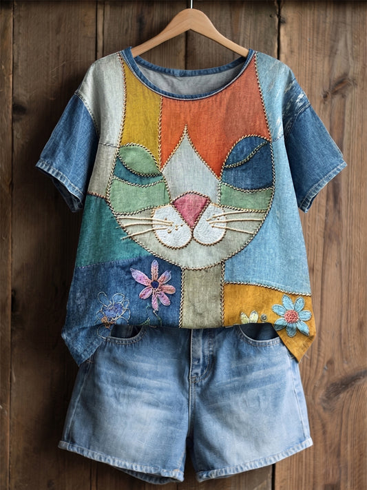Gato Vintage rosto feminino & flores Colorblock Patchwork arte algodão linho manga curta Top
