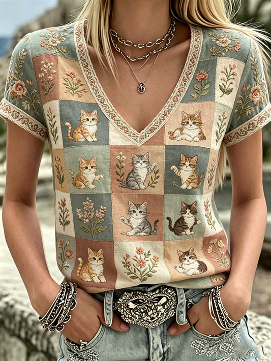 Camiseta Casual com Gola em V e Estampa Fofo de Gato, Plantas e Flores para Mulheres
