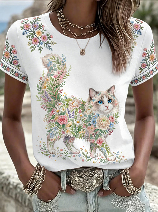 Camiseta casual feminina com estampa floral de gatos