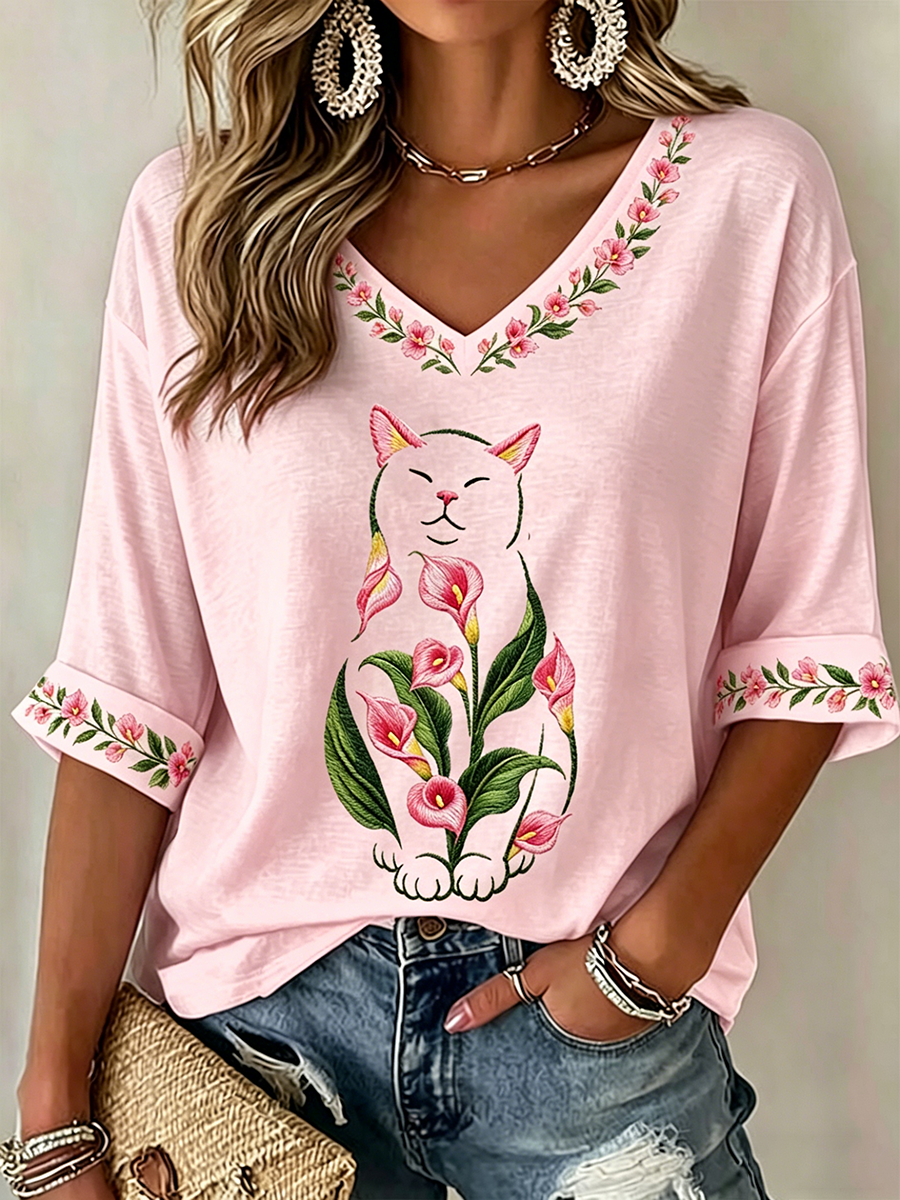 T-shirt casual estampado floral gato feminino