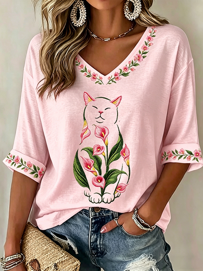 T-shirt casual estampado floral gato feminino