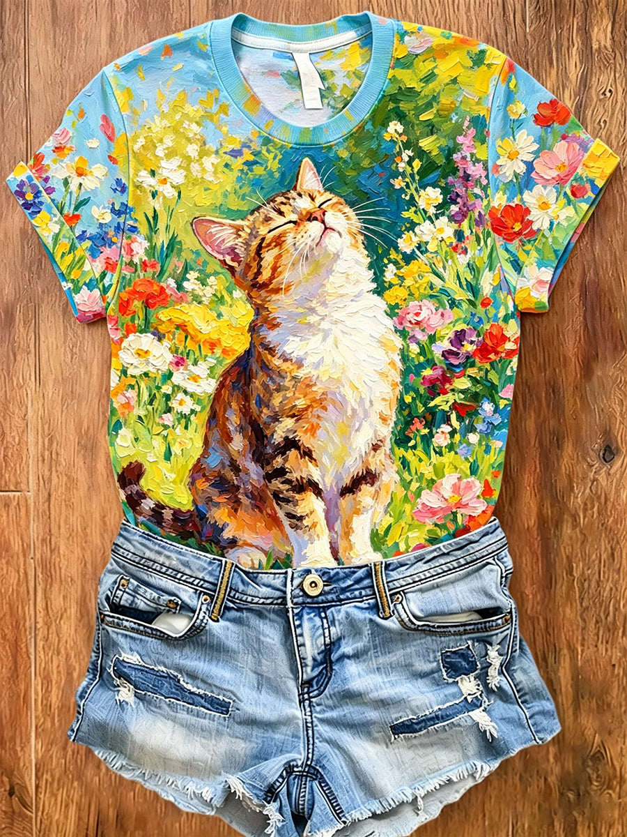Polo feminino de manga curta com estampa artística de animais e flores