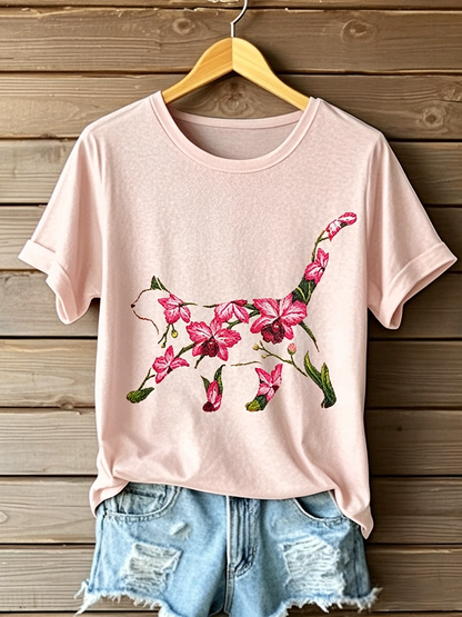 Camiseta casual feminina com estampa de gato e flores