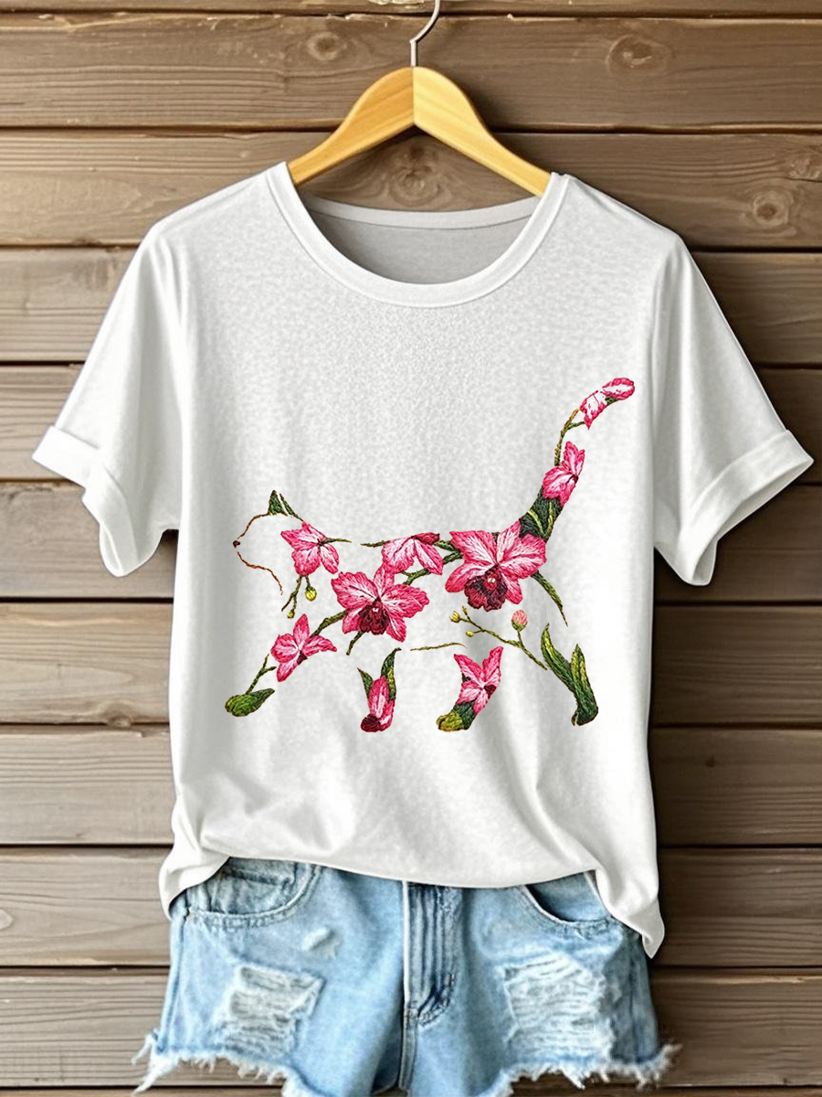 Camiseta casual feminina com estampa de gato e flores