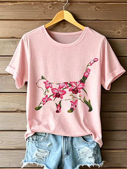 Camiseta casual feminina com estampa de gato e flores