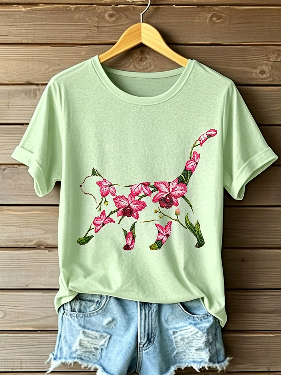 Camiseta casual feminina com estampa de gato e flores