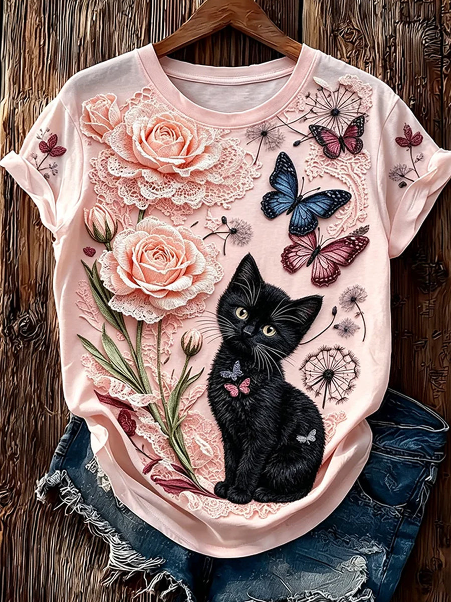 Camiseta Casual com Estampa Artística de Animais Vintage para Mulheres