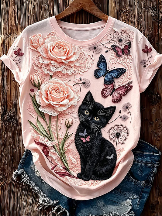 Camiseta Casual com Estampa Artística de Animais Vintage para Mulheres