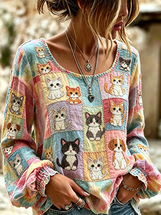 Gato cão Cartoon Art emendado algodão linho gola manga longa Top feminino
