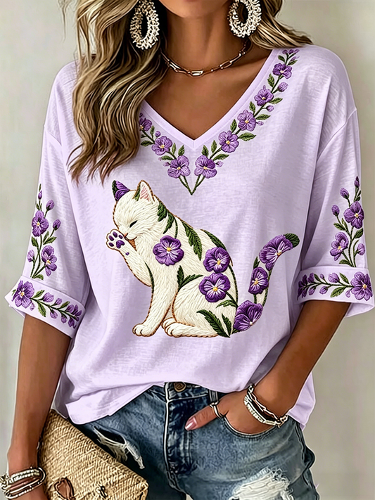 Camiseta casual feminina com estampa de gato e flores