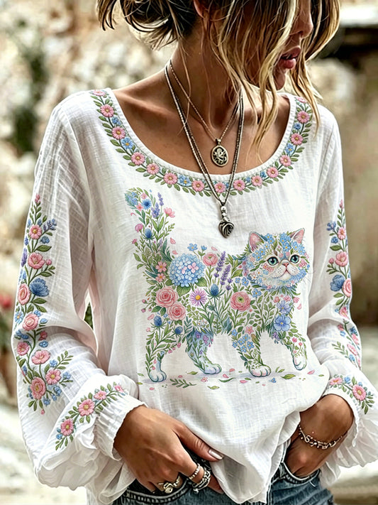 Gato Floral feminino imprime camisa de manga comprida casual