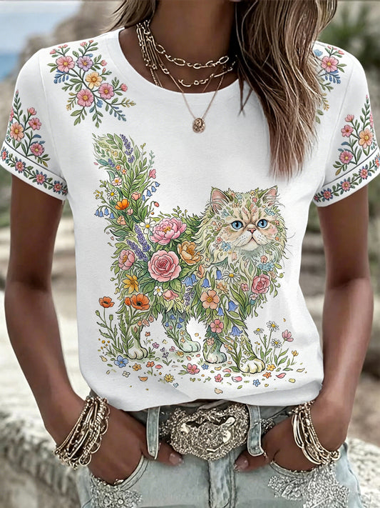 Camiseta casual feminina com estampa floral de gatos