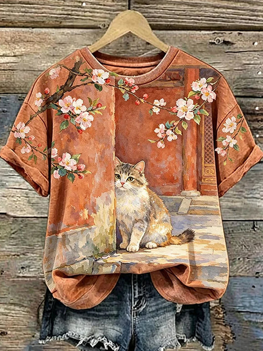 Camiseta Casual com Estampa Artística de Animais Vintage para Mulheres