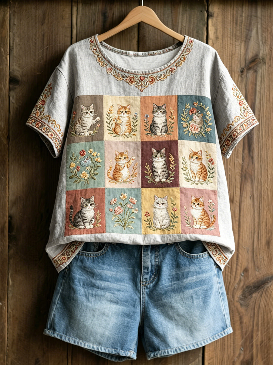 Plantas e flores das mulheres gato bonito imprimir camiseta casual