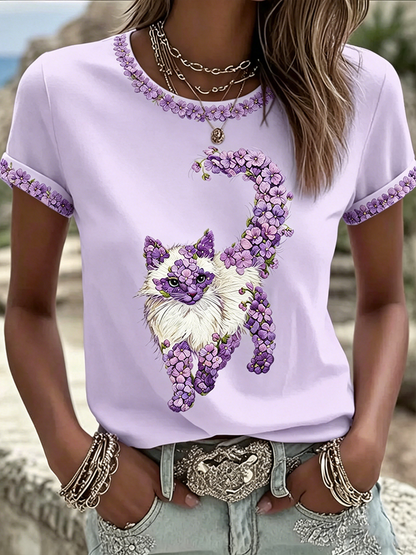 Camiseta casual feminina com estampa de gato e flores