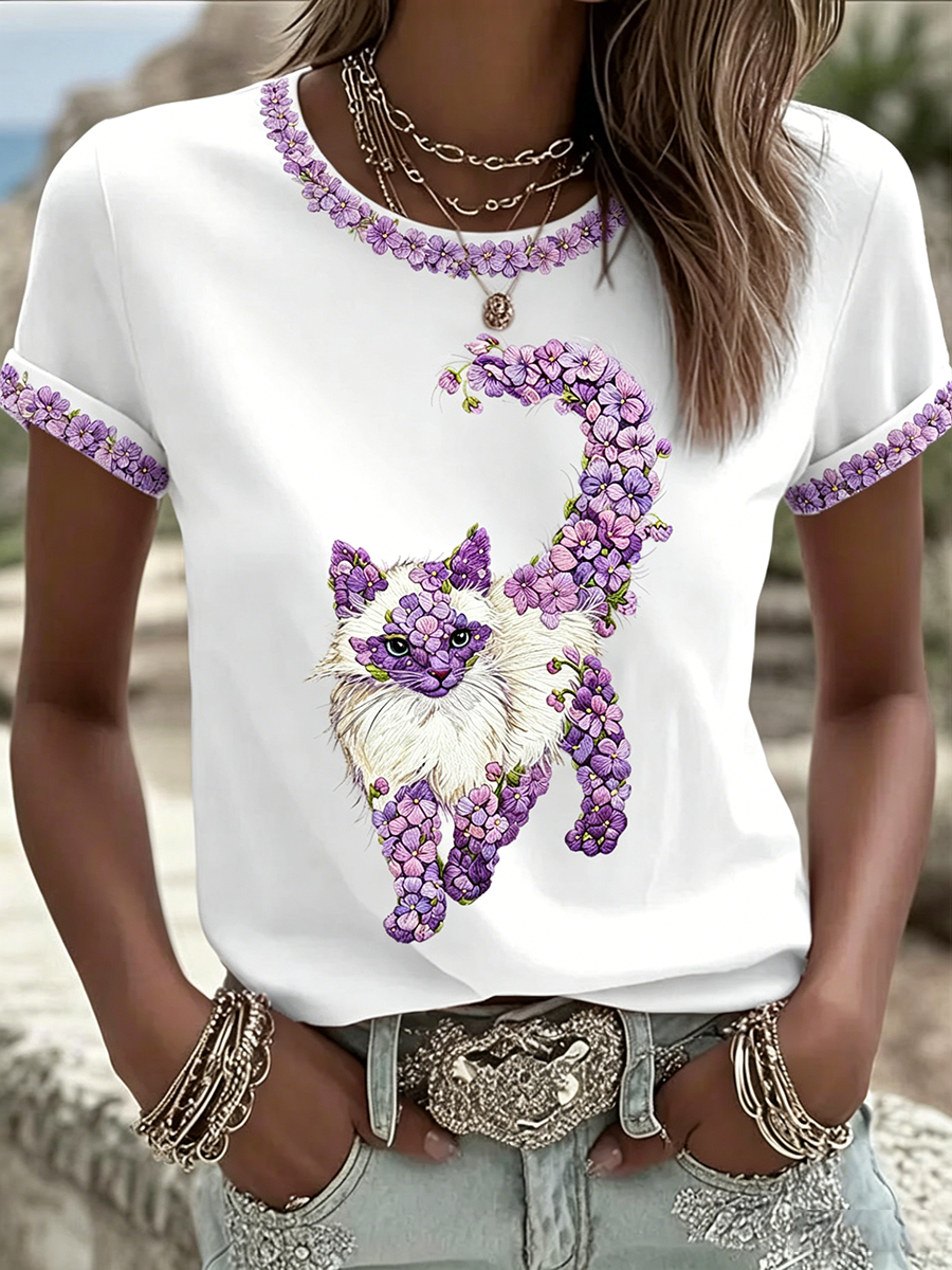 Camiseta casual feminina com estampa de gato e flores