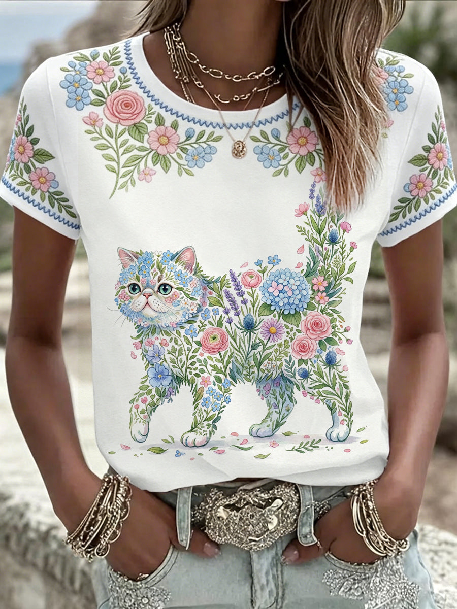Camiseta casual feminina com estampa floral de gatos