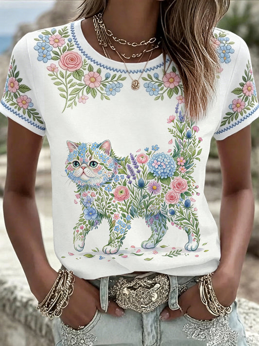 Camiseta casual feminina com estampa floral de gatos