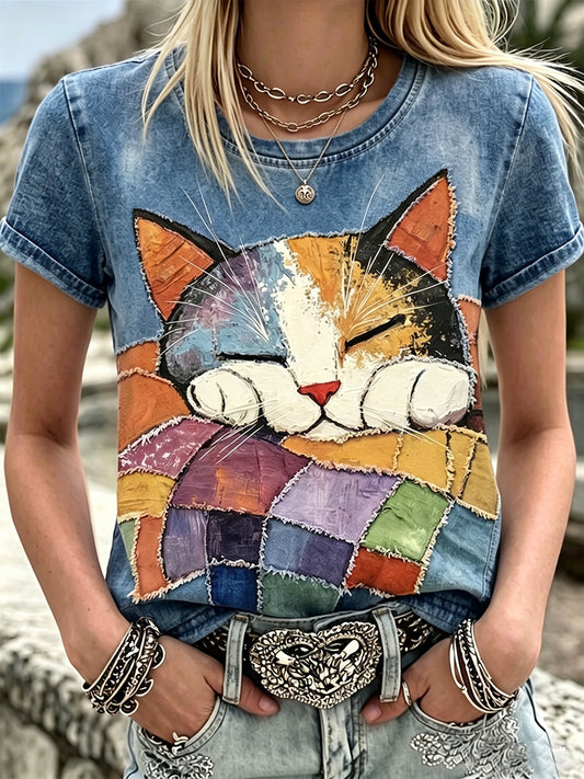 Adorável gato dormindo Colorblock Patchwork arte algodão linho gola Top de manga curta feminino