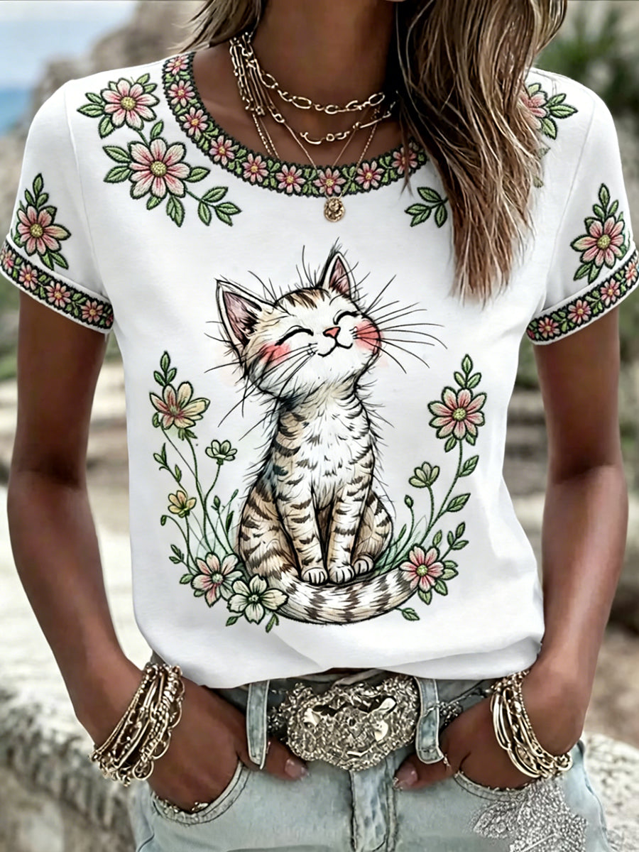 Gato Floral bonito das mulheres imprime T Casual