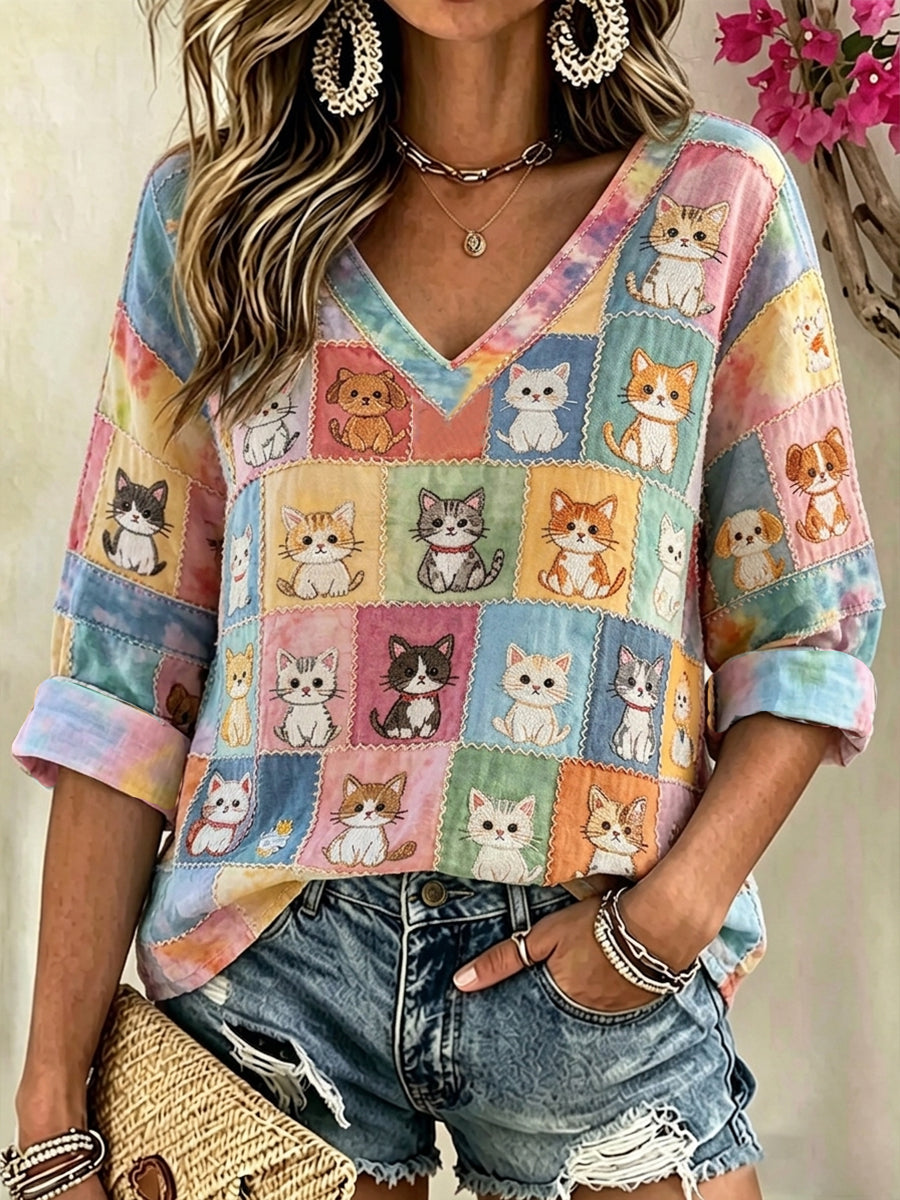 Gato cão Cartoon Art feminino emendado algodão linho v-Neck camisa
