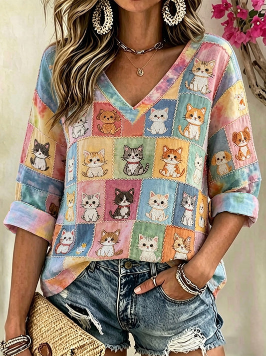 Gato cão Cartoon Art feminino emendado algodão linho v-Neck camisa