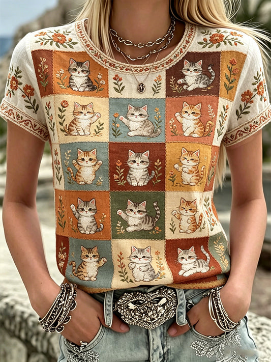 Camiseta casual feminina com estampa fofa de gato, plantas e flores
