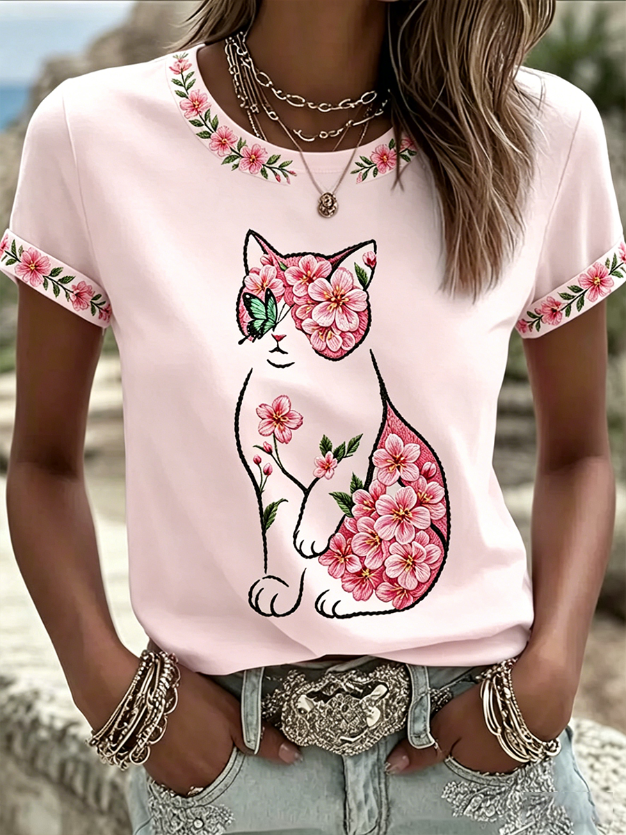 Camiseta casual feminina com estampa de gato e flores
