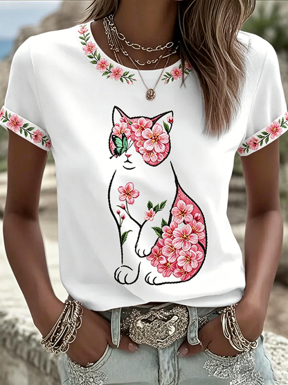 Camiseta casual feminina com estampa de gato e flores