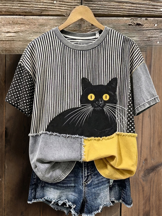 Gato Preto das mulheres Listrado & bolinhas Patchwork Art Algodão Linho Tripulação Pescoço Top de manga curta