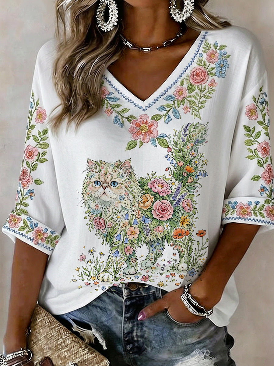 Camisa casual de manga curta com estampa floral e gato para mulheres