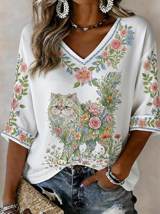 Camisa casual de manga curta com estampa floral e gato para mulheres