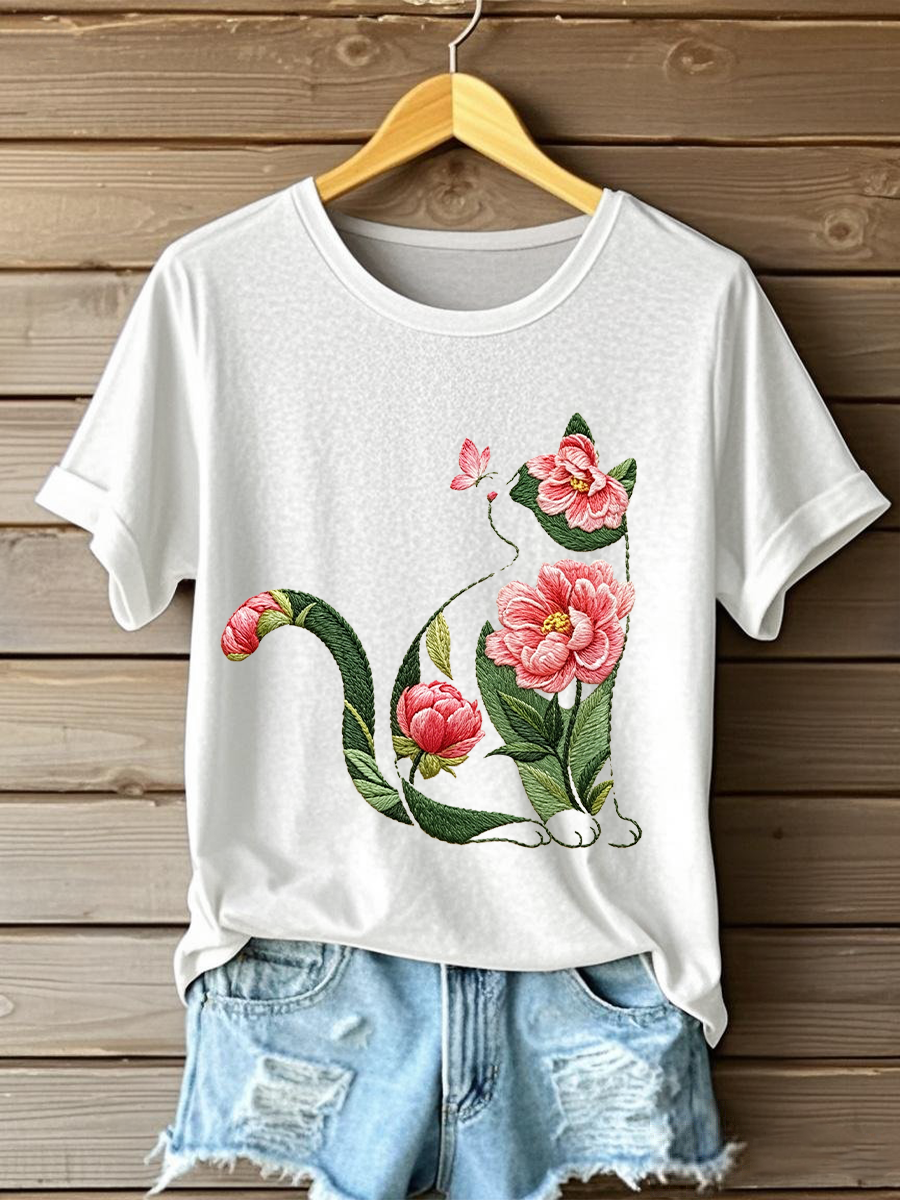 Camiseta casual feminina com estampa de gato e flores