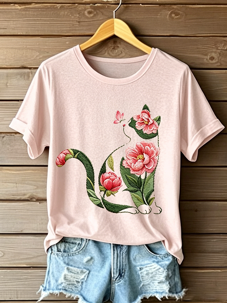 Camiseta casual feminina com estampa de gato e flores