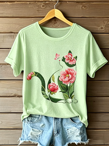 Camiseta casual feminina com estampa de gato e flores