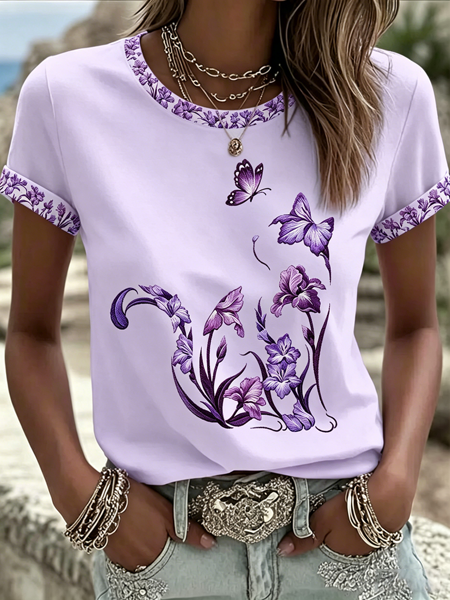 Camiseta casual feminina com estampa de gato e flores