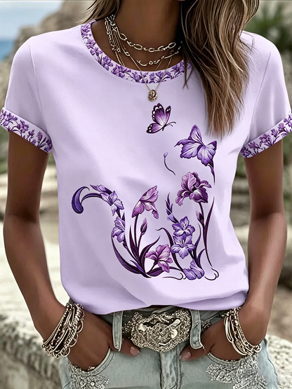 Camiseta casual feminina com estampa de gato e flores