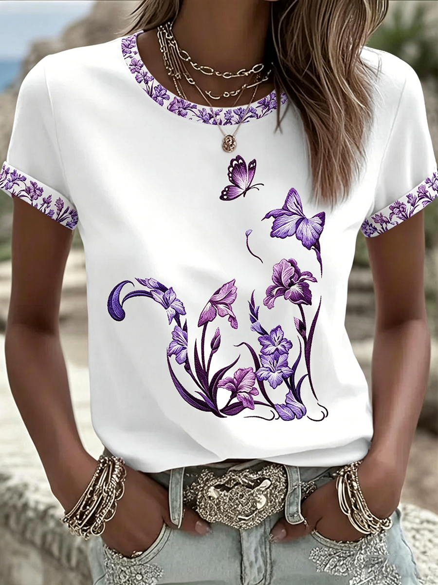 Camiseta casual feminina com estampa de gato e flores