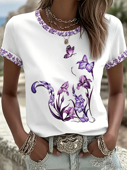 Camiseta casual feminina com estampa de gato e flores