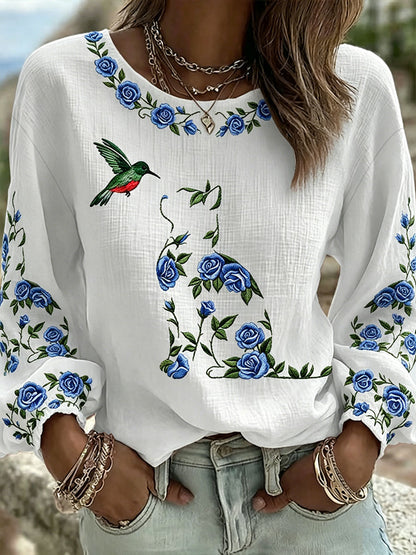 Camiseta casual feminina com estampa de gato e flores