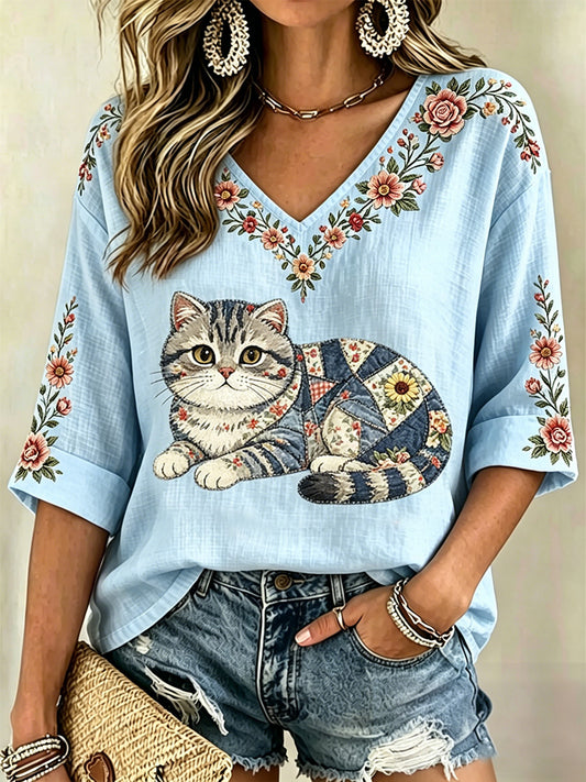 Blusa casual com estampa de gato e flores, decote em V, para mulheres