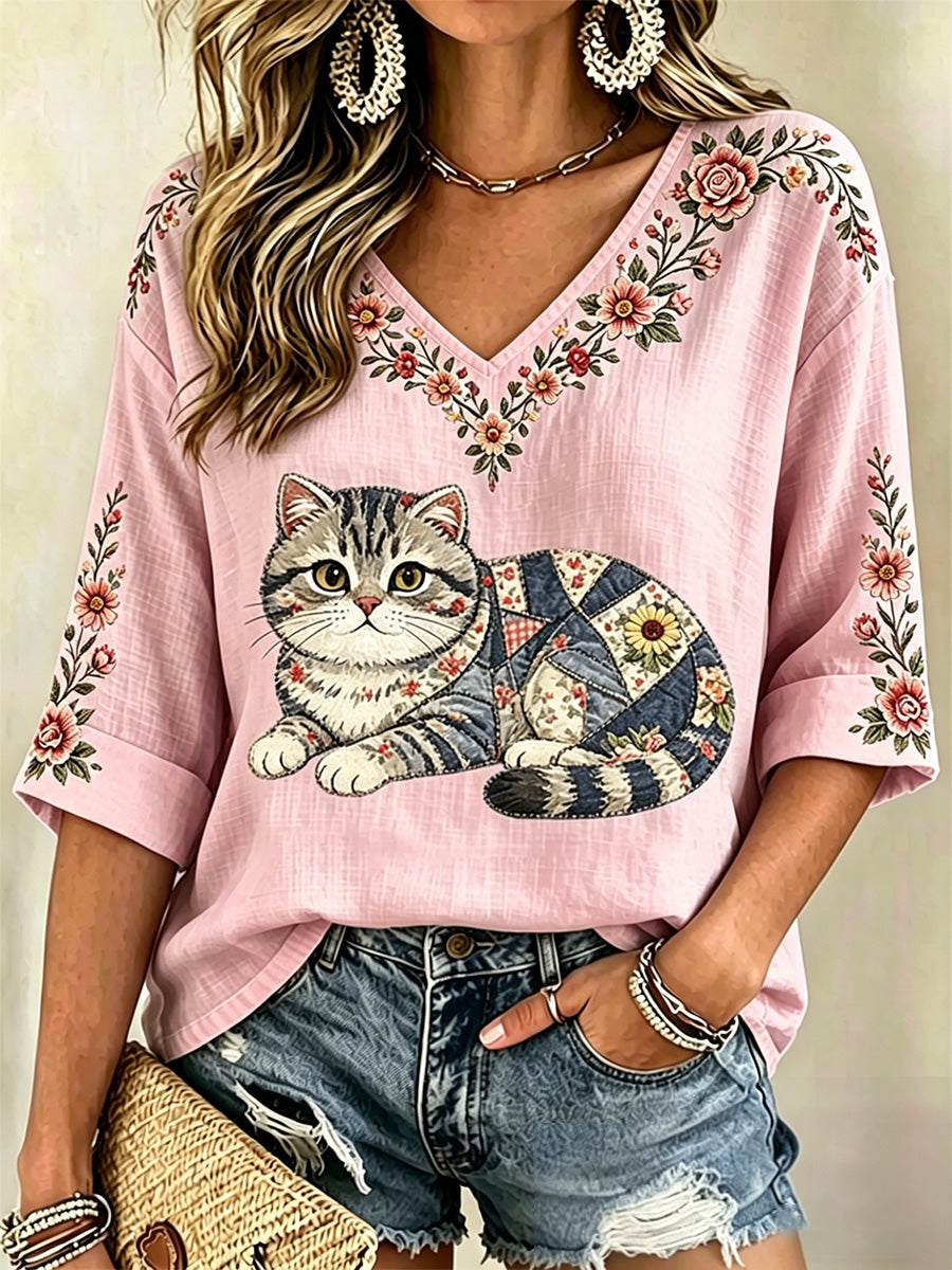 Blusa casual com estampa de gato e flores, decote em V, para mulheres
