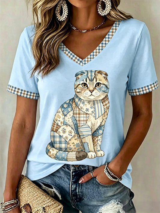 Camiseta Casual com Estampa de Gato e Florais, Gola em V, Feminina