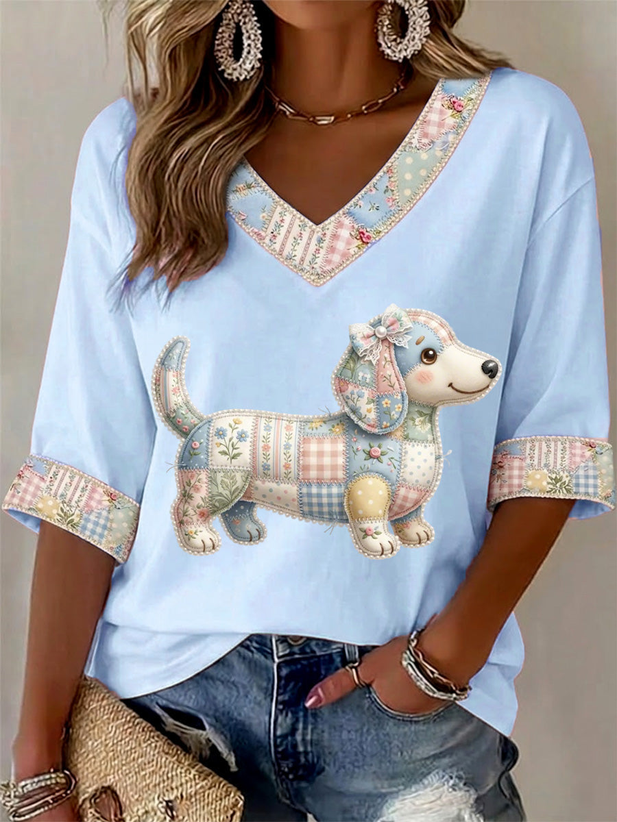 Camiseta Casual com Estampa de Cães e Flores, Gola em V, para Mulheres