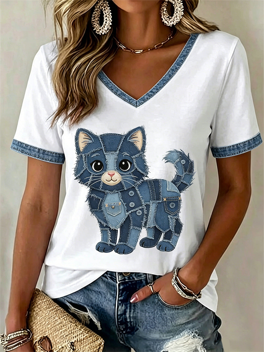 Camiseta Casual com Estampa de Gato e Florais, Gola em V, Feminina
