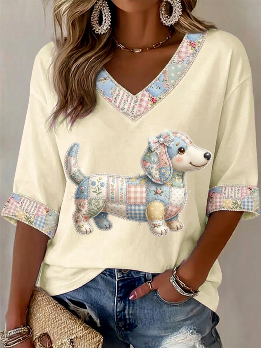 Camiseta Casual com Estampa de Cães e Flores, Gola em V, para Mulheres