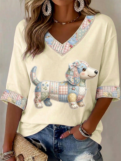 Camiseta Casual com Estampa de Cães e Flores, Gola em V, para Mulheres