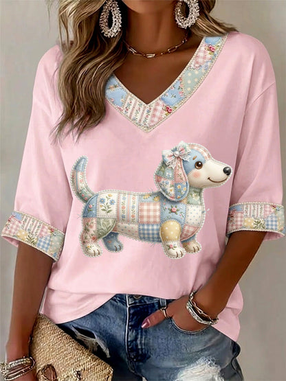 Camiseta Casual com Estampa de Cães e Flores, Gola em V, para Mulheres