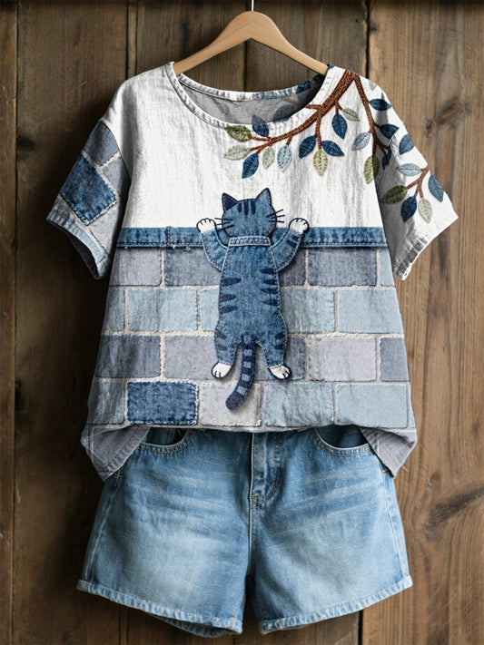 Camiseta casual feminina com estampa floral de gatos