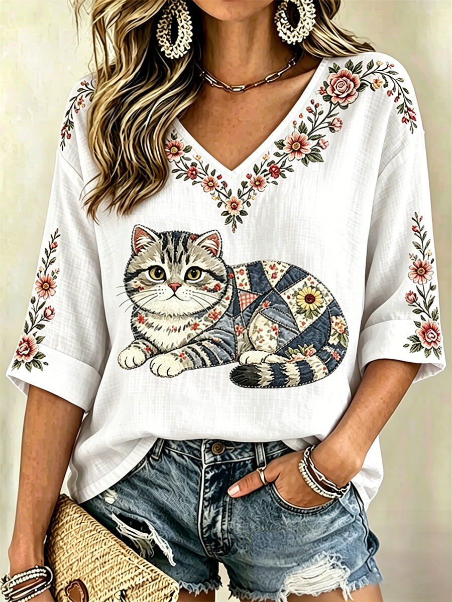 Blusa casual com estampa de gato e flores, decote em V, para mulheres